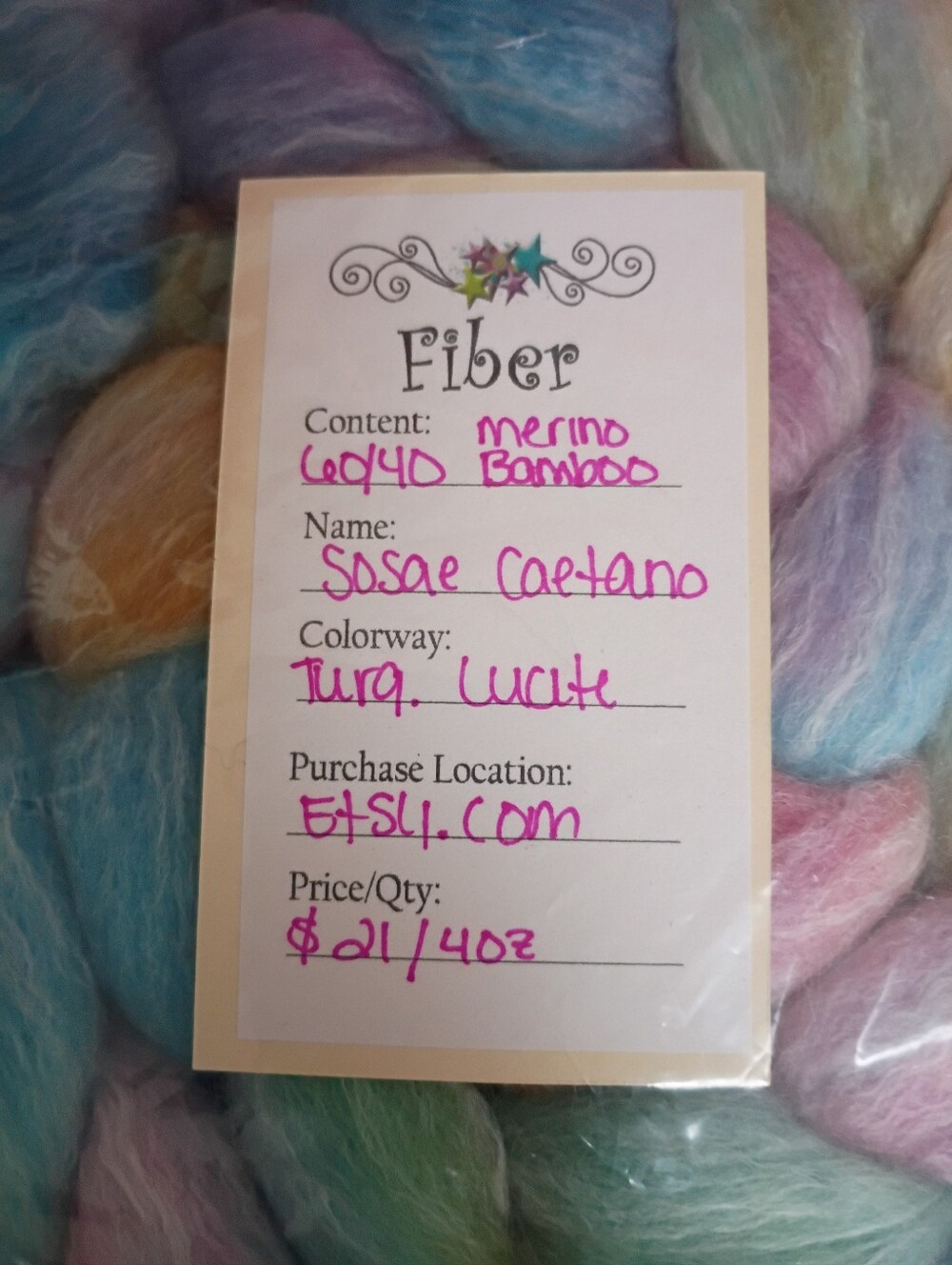 Hand-dyed Blended Merino/Bamboo Pastel Rainbow - Fiber - Turquoise Lucite - Picture 3 of 3